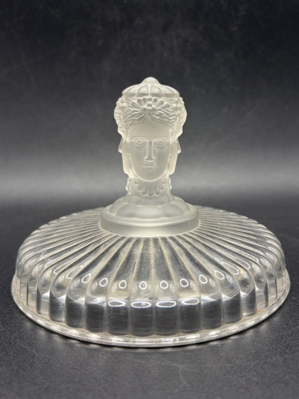 MMA Vintage Three Faces Biscuit Jar Lid, Clear & Frosted Glass Figural Face Top